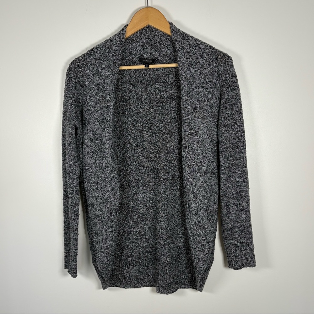 Dynamite Womens Long Open Front Cardigan, Grey & Black Cowl Collar Knit, Size XS